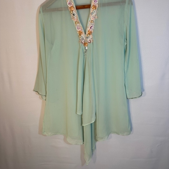 Queenora Womens Blouse Kaftan Lime Green Embedded Beads Ribbon Tunic Tunic Sz L - Picture 2 of 16